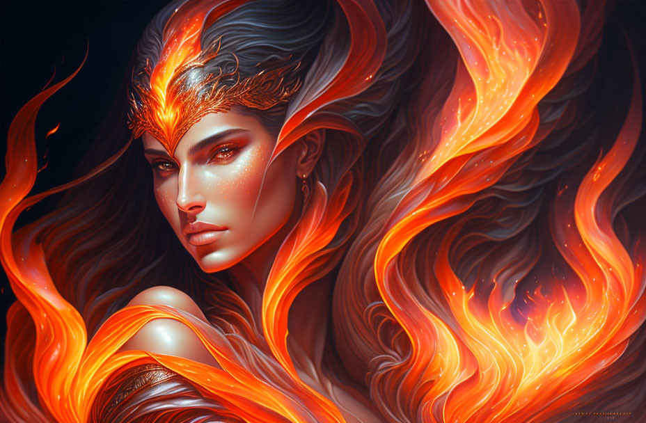 Illustration of woman with fiery hair, gold crown, and mystical aura