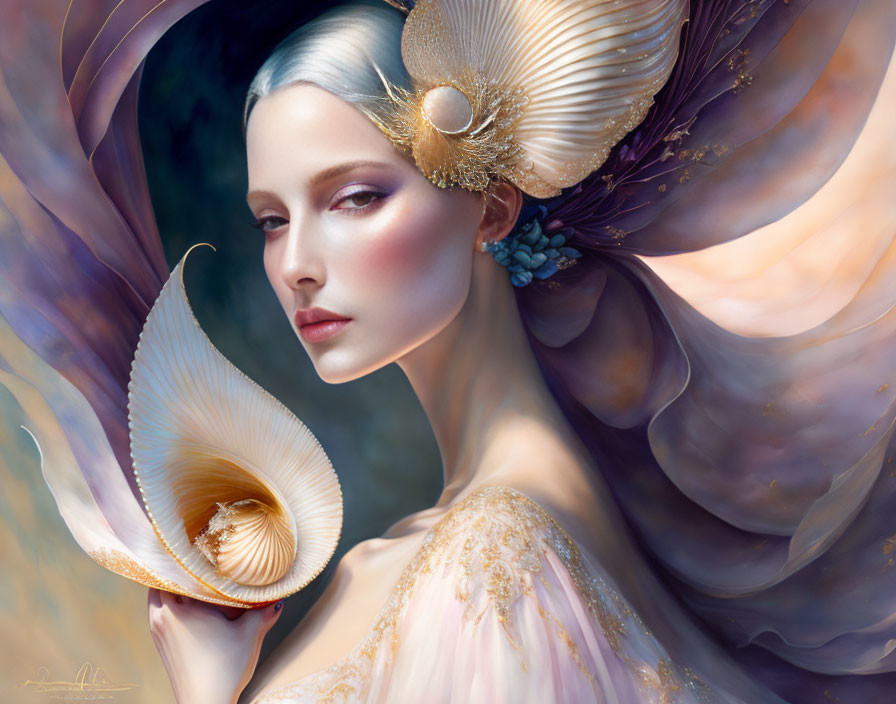 Fantastical portrait of a woman in seashell headpiece and peach dress