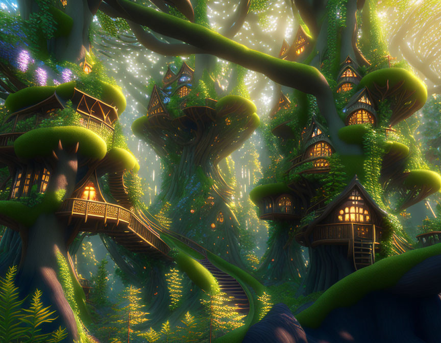 Majestic forest scene with towering trees and glowing treehouses