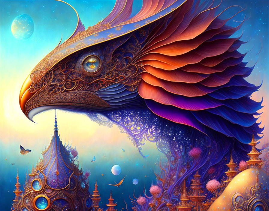 Colorful illustration of majestic bird and ornate architecture under celestial sky