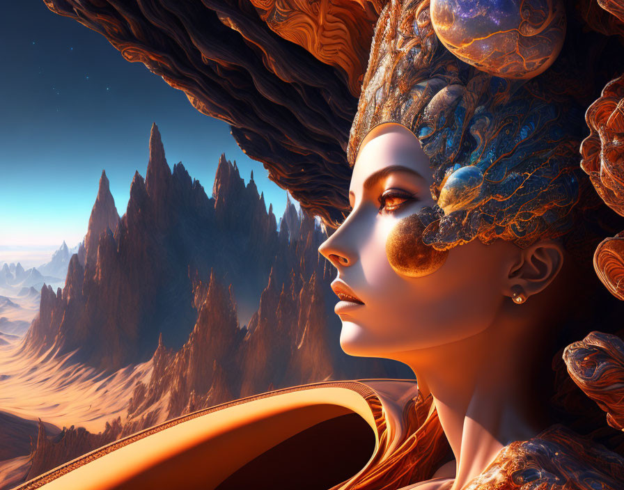 Surreal female figure with ornate headdress against rocky backdrop