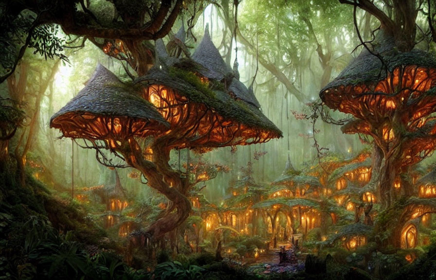 Enchanted Forest with Mushroom-Shaped Houses and Glowing Lights