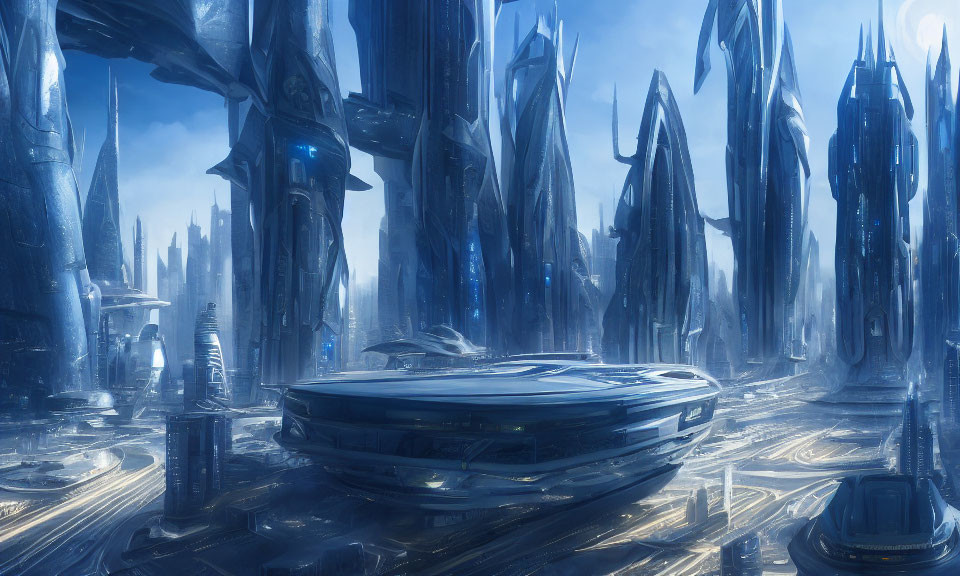 Blue crystalline skyscrapers and futuristic flying vehicle in cityscape