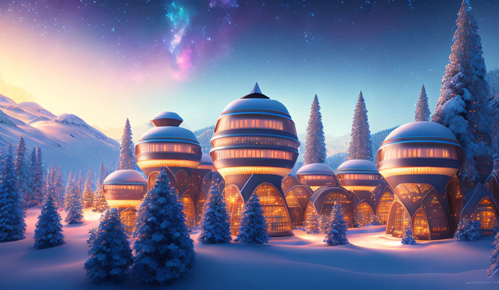 Futuristic domed structures in snow-covered landscape with aurora