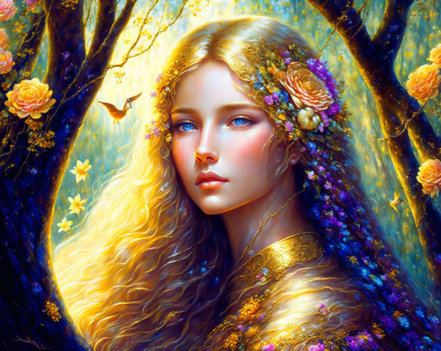 Digital painting of woman with golden hair and floral crown in vibrant forest