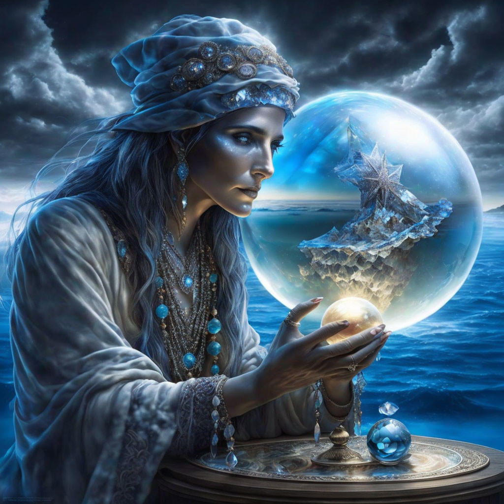 Mystical figure in ornate attire gazes at crystal ball with ship over tumultuous sea