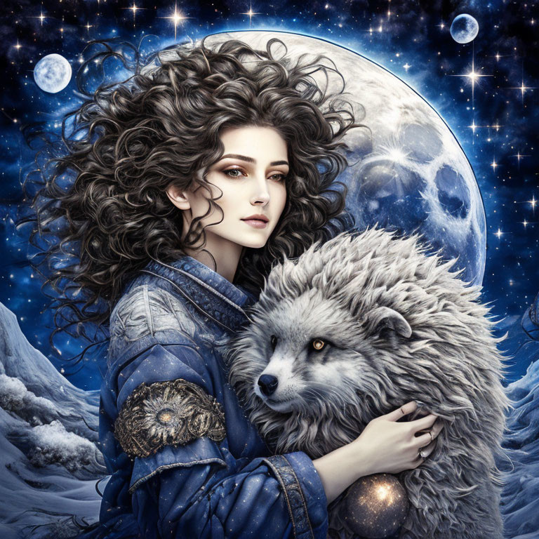 Woman with voluminous curly hair embracing white wolf under starry night sky.