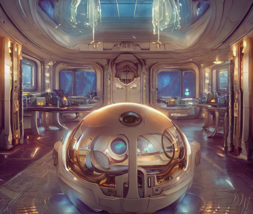 Futuristic spaceship interior with central spherical device and panoramic windows