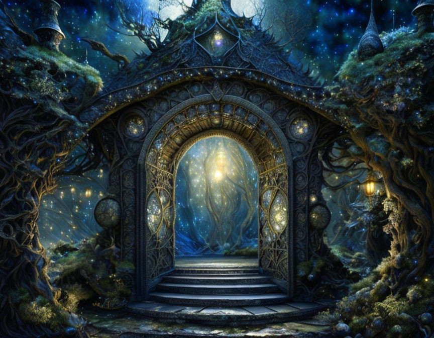 Enchanting archway in mystical forest with glowing orbs, twisted trees, and starry sky