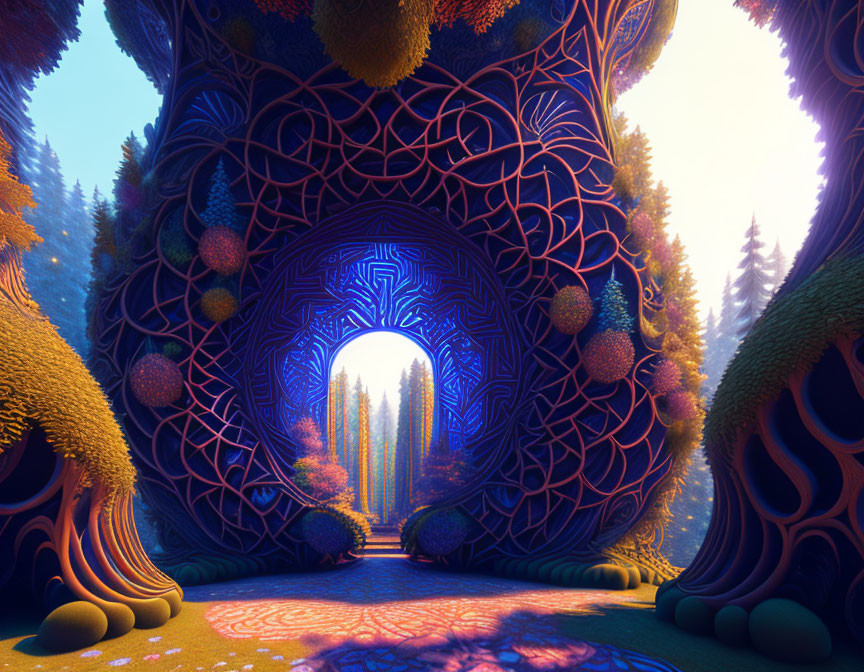 Fractal-like tunnel entrance in vibrant forest scene