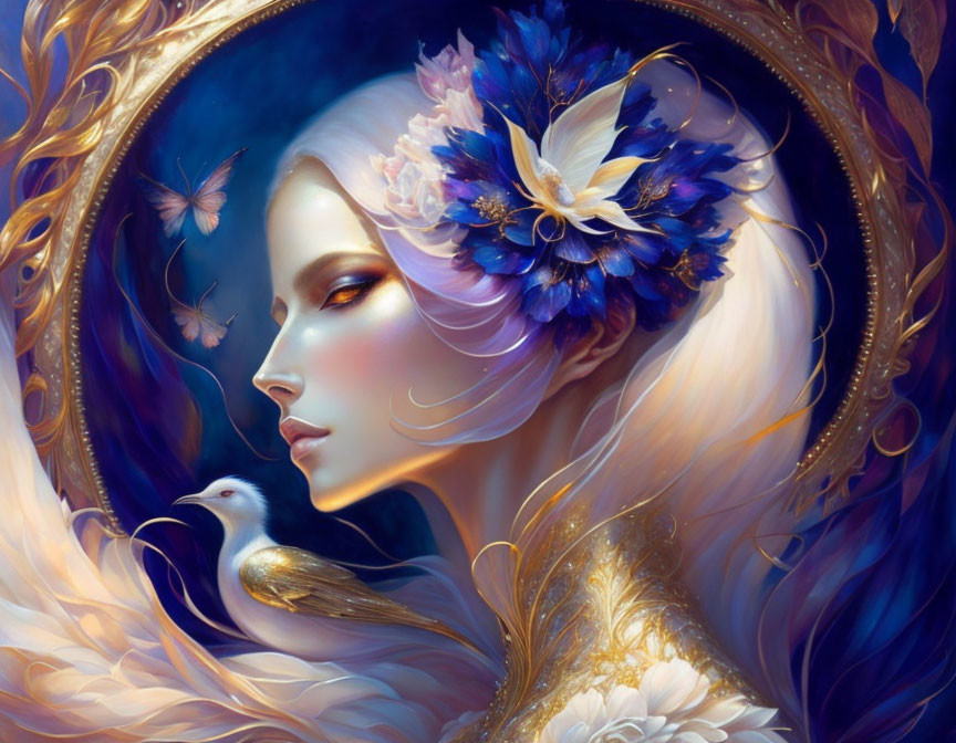 Fantasy-style portrait of woman with dove among blue flowers and butterflies