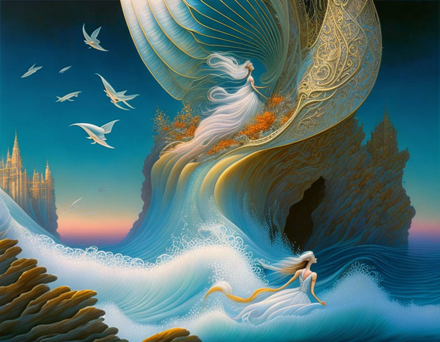 Mermaid on rock with flowing gown waves, birds, and castle