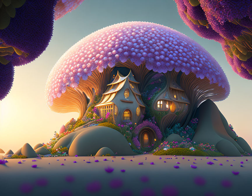 Fantasy Mushroom House Illustration in Enchanting Landscape