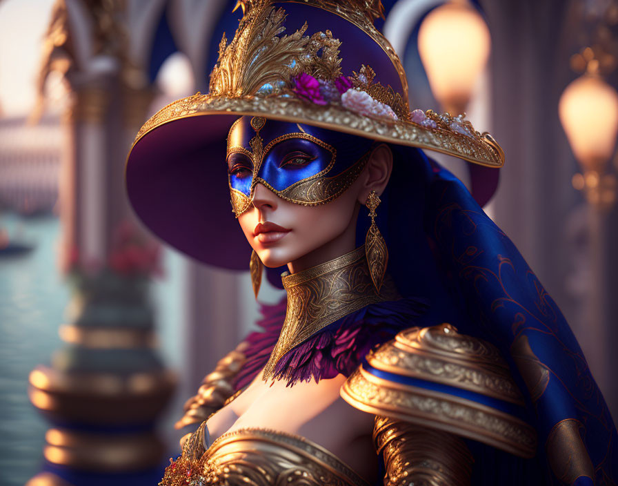 Luxurious gold and blue Venetian costume with elaborate mask in Venice backdrop