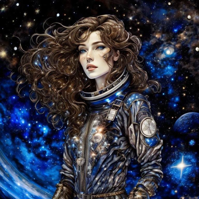 Digital artwork of woman with curly hair in astronaut suit against cosmic backdrop