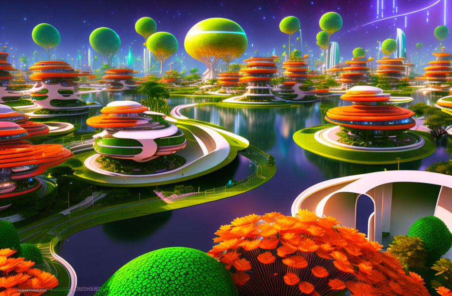 Futuristic cityscape with lush greenery, terraced buildings, and interconnected bridges