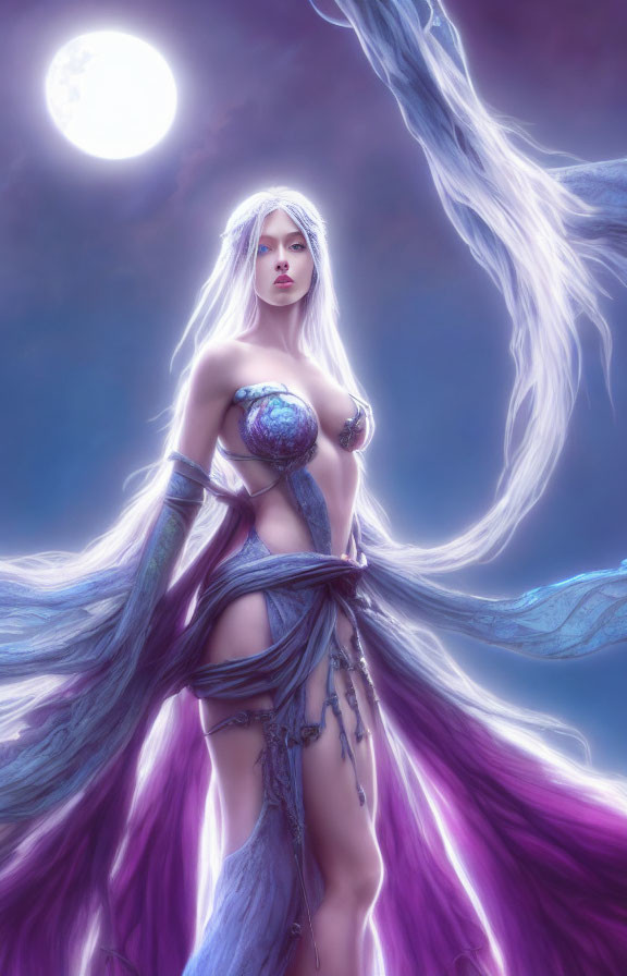 Pale Woman in White Hair and Purple Garments Under Full Moon