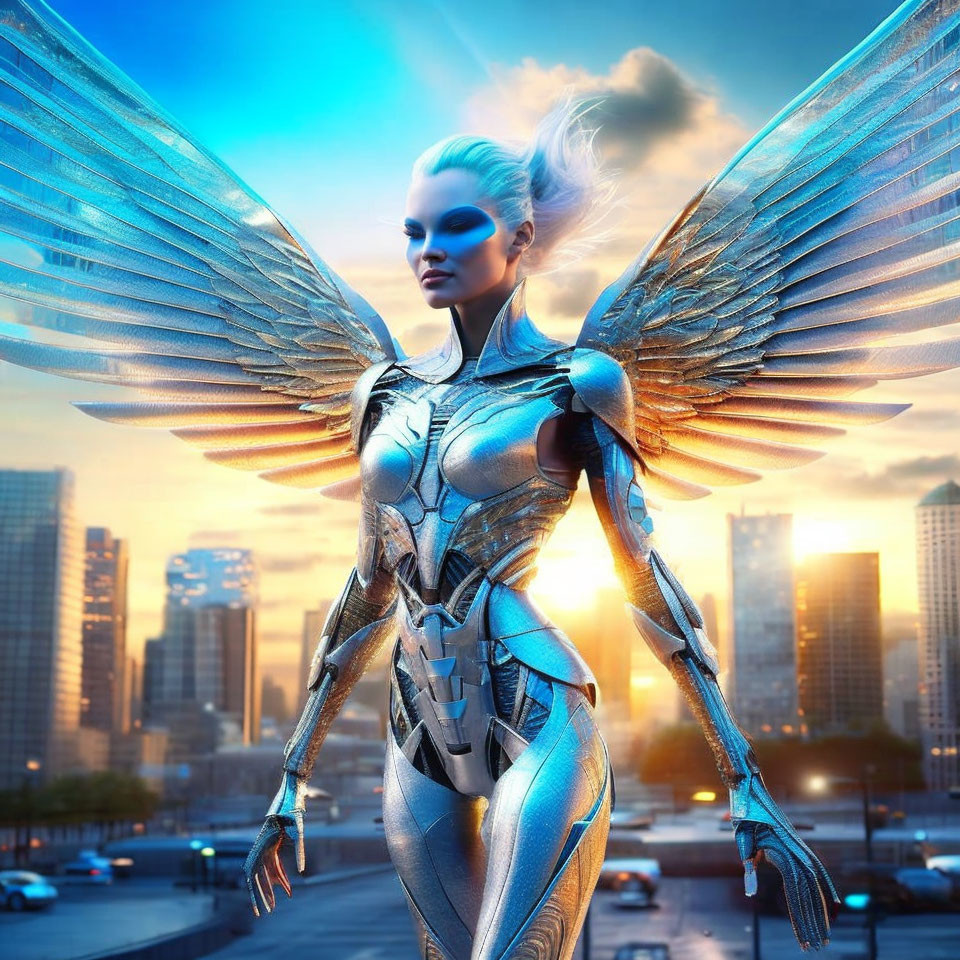 Futuristic female angelic figure with metallic wings and armor in city skyline at sunset