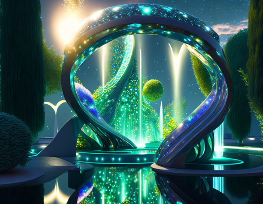 Futuristic night cityscape with spiraling structures and lush greenery