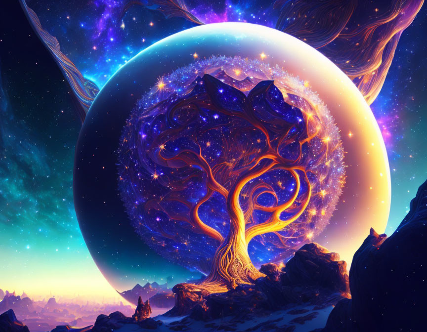 Luminous mystical tree in vibrant cosmic landscape