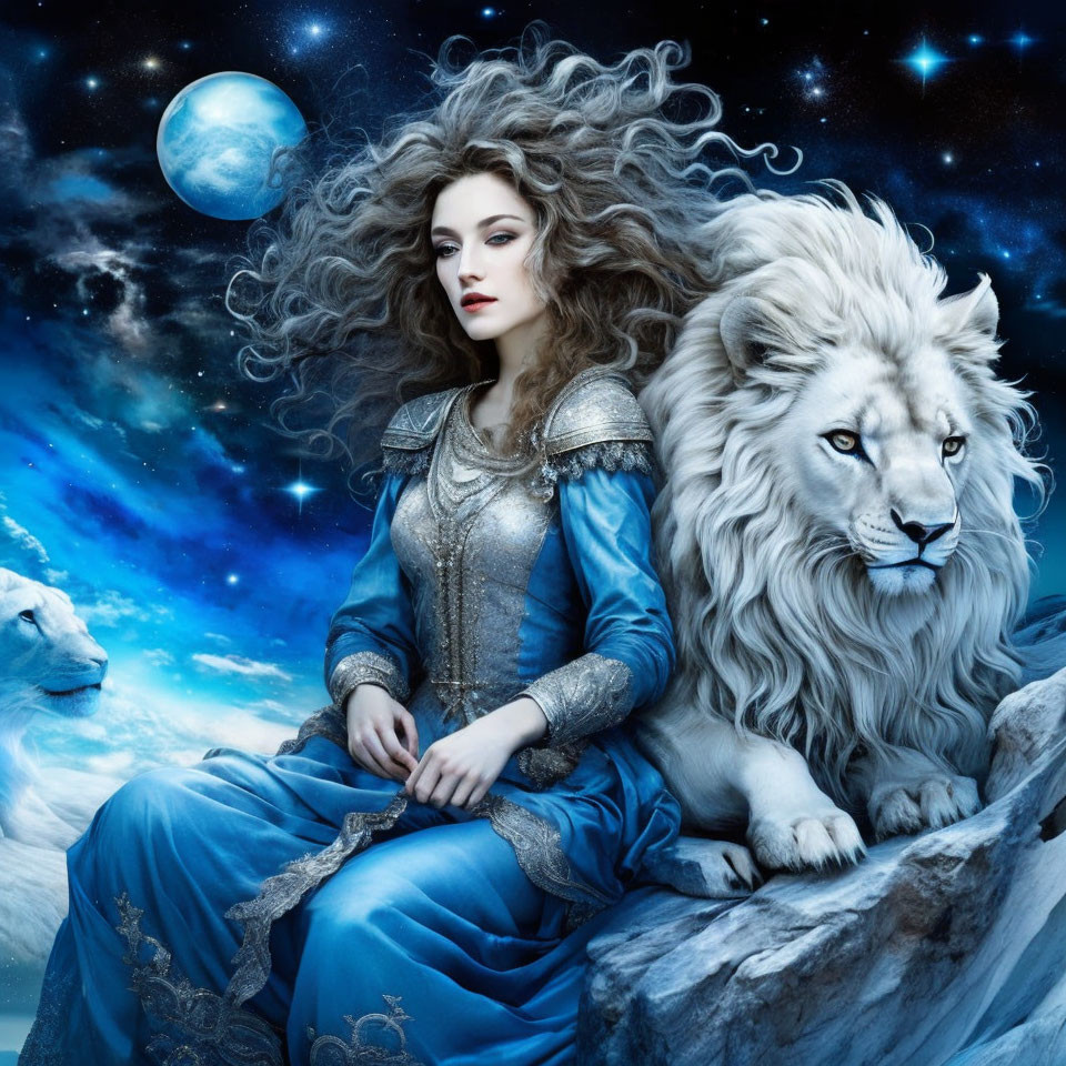 Woman in blue medieval dress with white lion under starry sky.