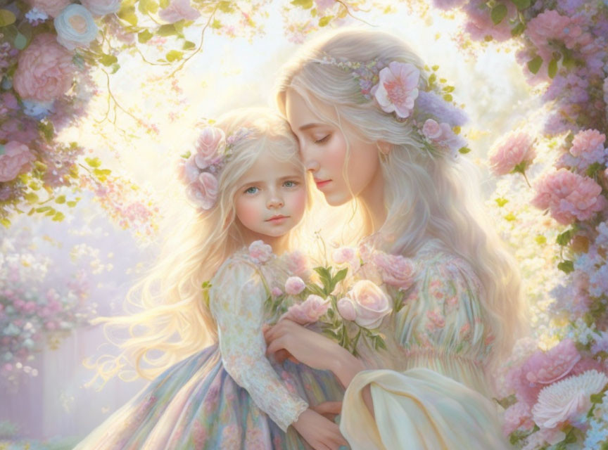 Woman and Child with Flower Crowns Surrounded by Blooming Roses