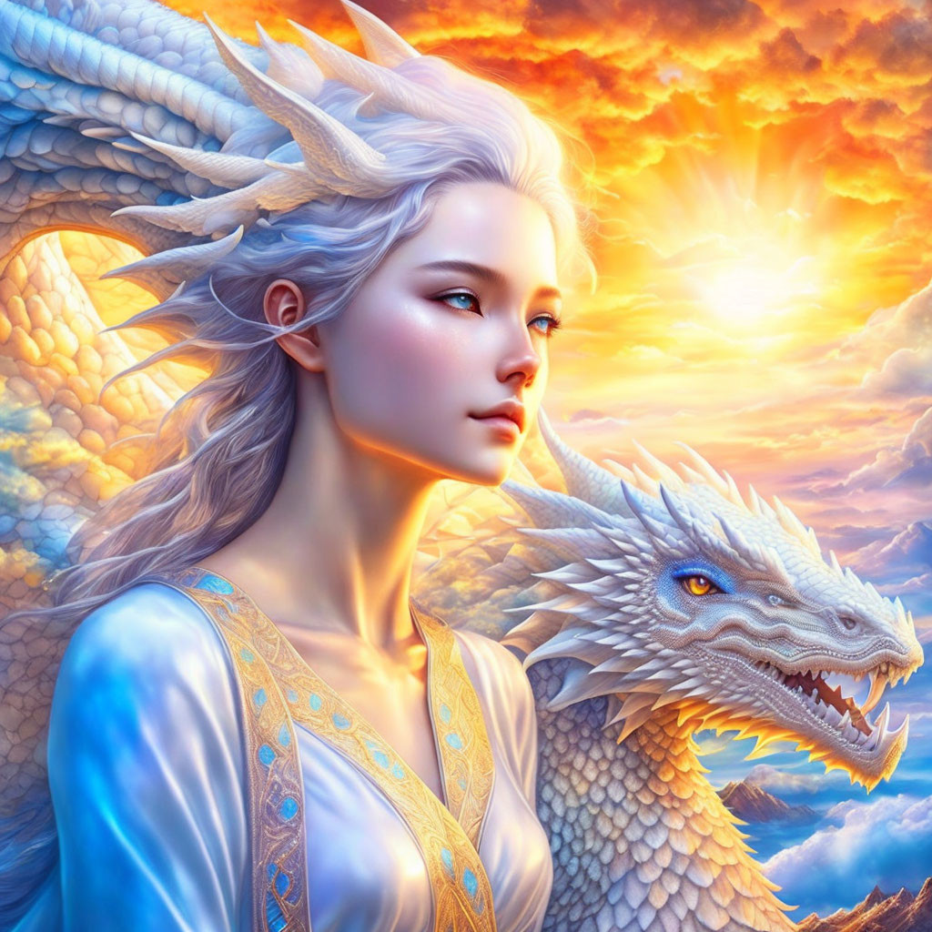 Majestic dragon and ethereal woman in vibrant sunset scene