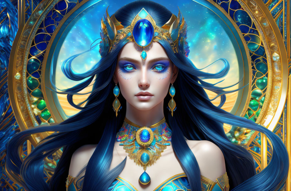 Blue-Haired Fantasy Queen with Golden Crown and Jewelry on Ornate Background