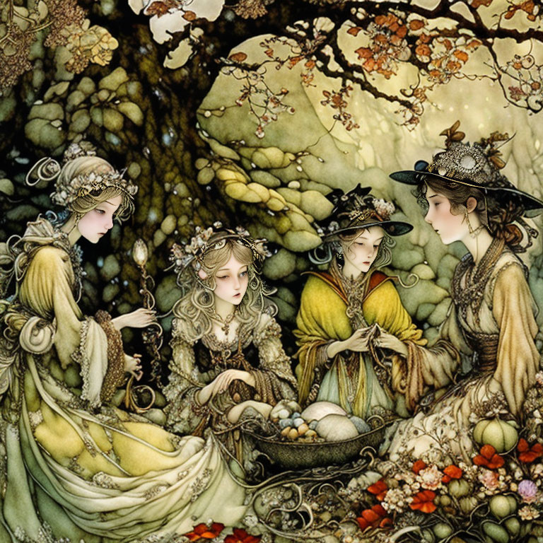 Detailed illustration of three elegant figures in a floral landscape