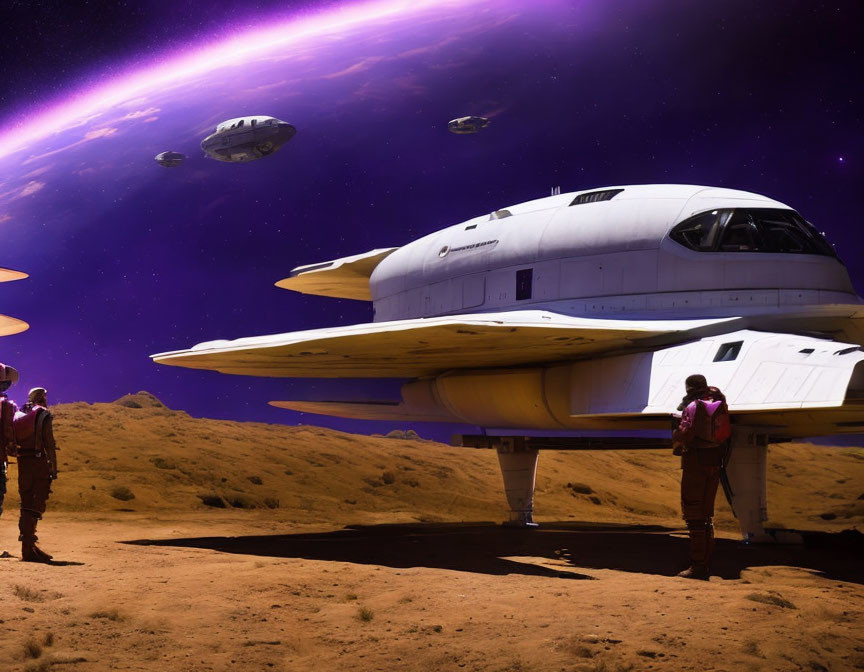 Astronauts on alien planet with spacecraft under purple sky