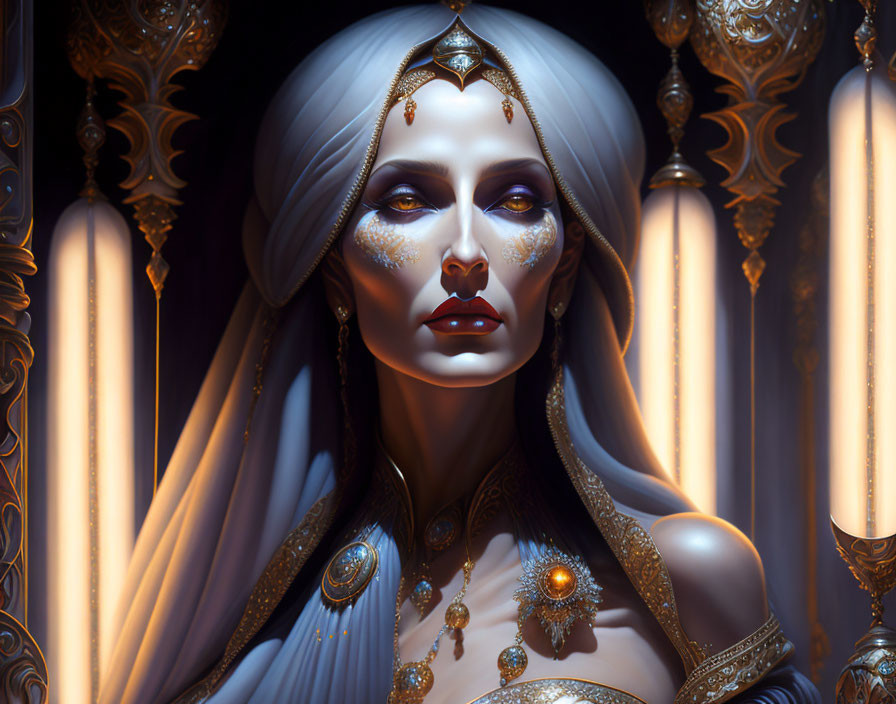 Regal woman with silver hair and gold jewelry in ornate setting