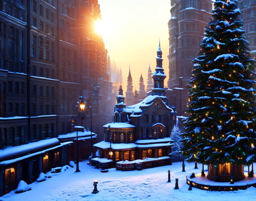 Snow-covered cityscape with Christmas tree and sunset glow.