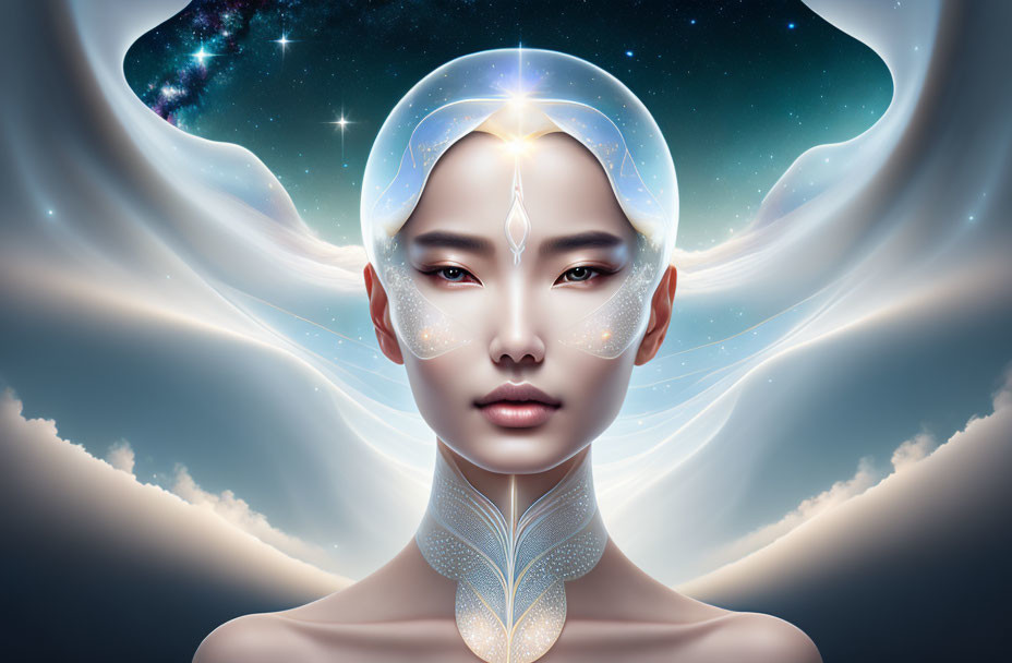 Surreal portrait of a woman with cosmic elements and glowing patterns