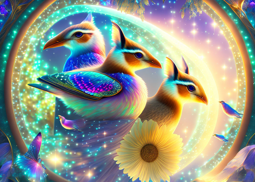 Vibrant fantasy illustration of starry birds, butterflies, and flowers