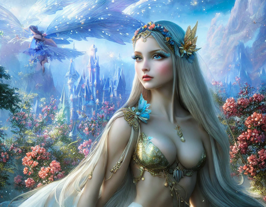 Fantasy illustration of female elf with ornate wings in lush setting