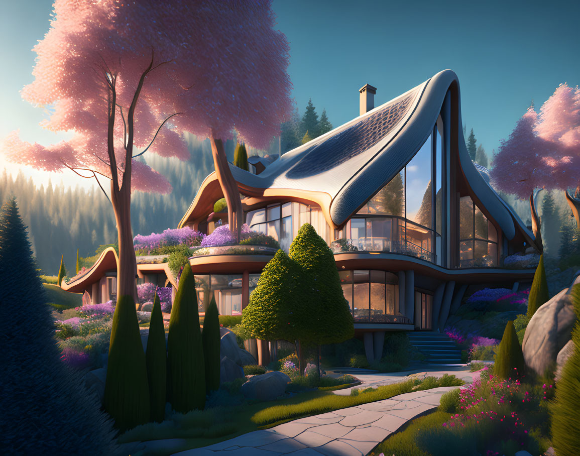 Curved futuristic house in pink tree garden at sunset