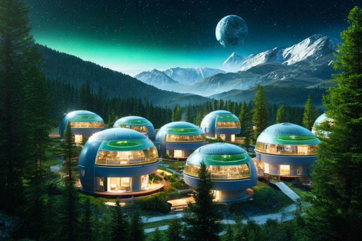 Futuristic domed habitats in forest setting under starry sky