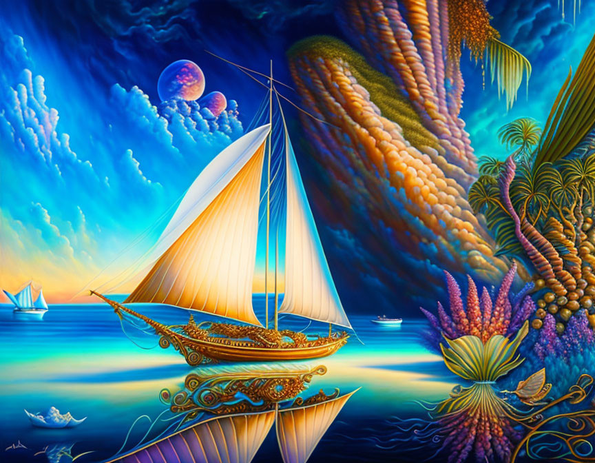 Vibrant surreal marine scene with ornate ships and colorful sky