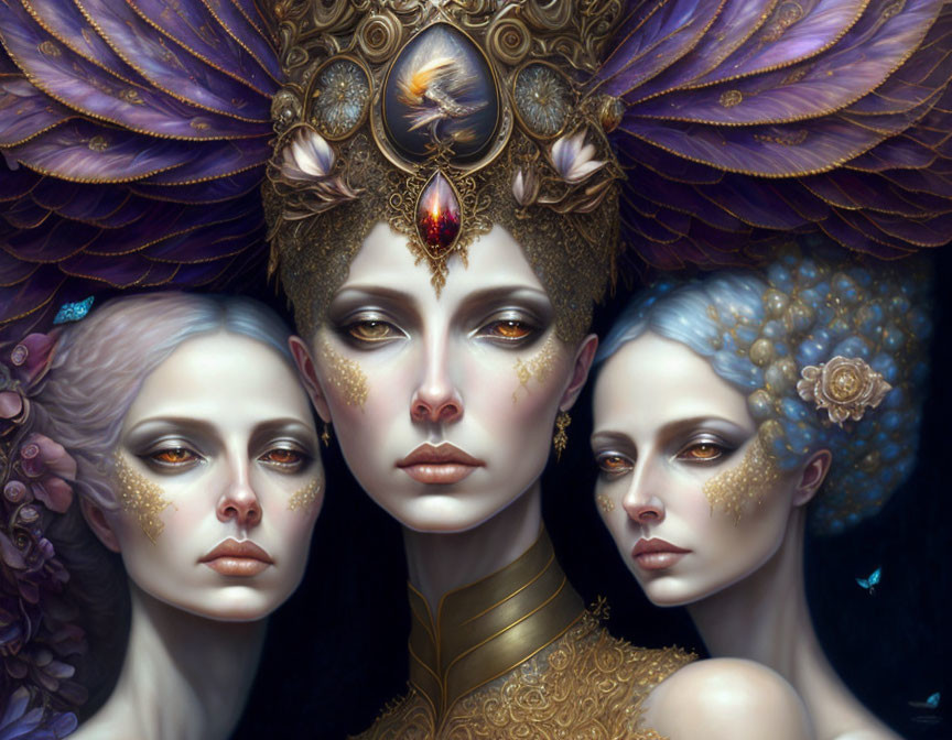 Mystical female figures in ornate headdresses and elaborate makeup on deep blue background.