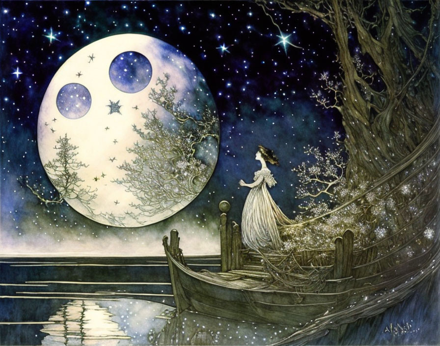 Woman in white dress on wooden boat under large moon and starry night sky.