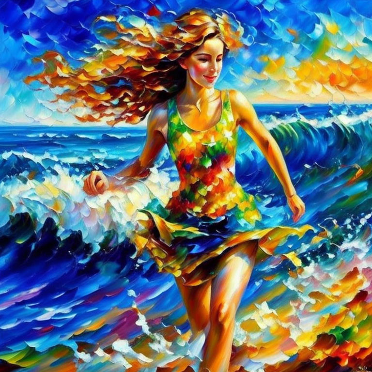 Colorful painting of a woman running by the sea with expressive brush strokes