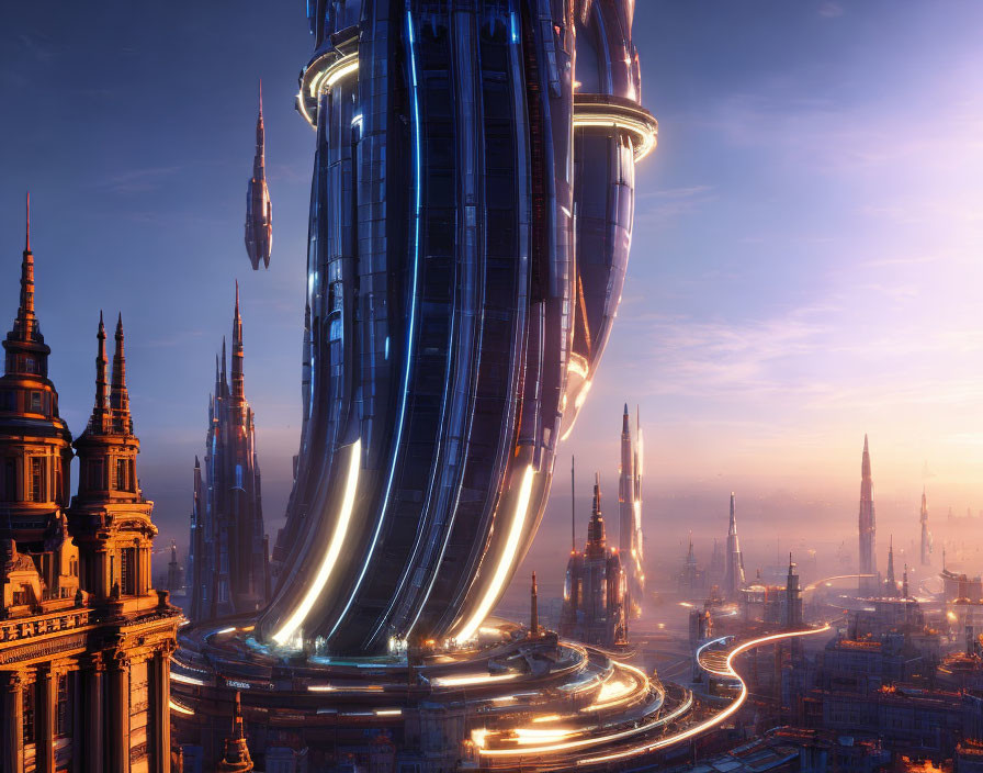 Futuristic cityscape with illuminated towers and flying vehicles at dusk