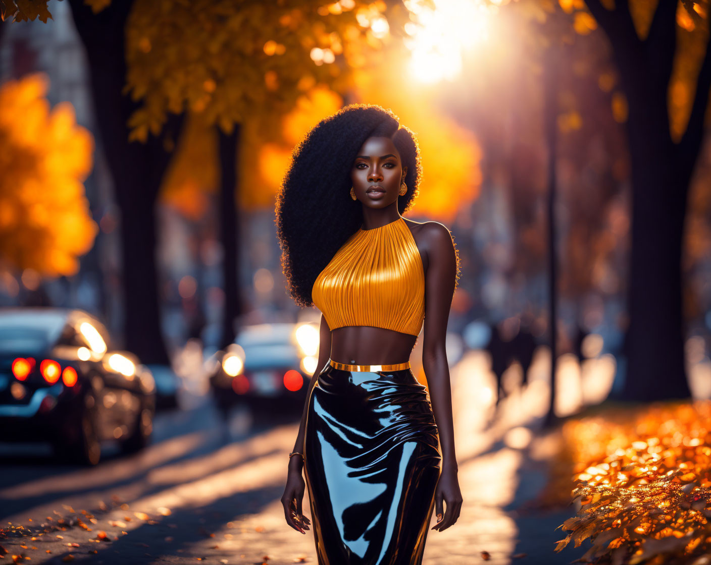 Confident woman with afro hairstyle in gold top and black skirt on sunlit autumn street