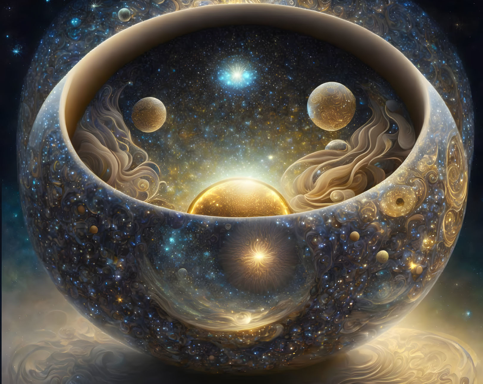 Surreal cosmic image with nested spheres and starry textures