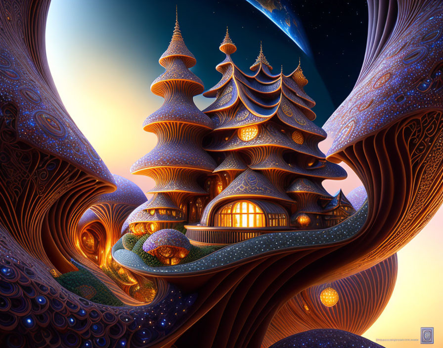 Fantasy landscape with swirling structures and pagoda under starry sky