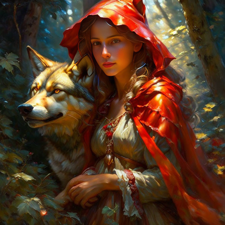 Woman in red hood with wolf in sunlit forest - fairy tale ambiance