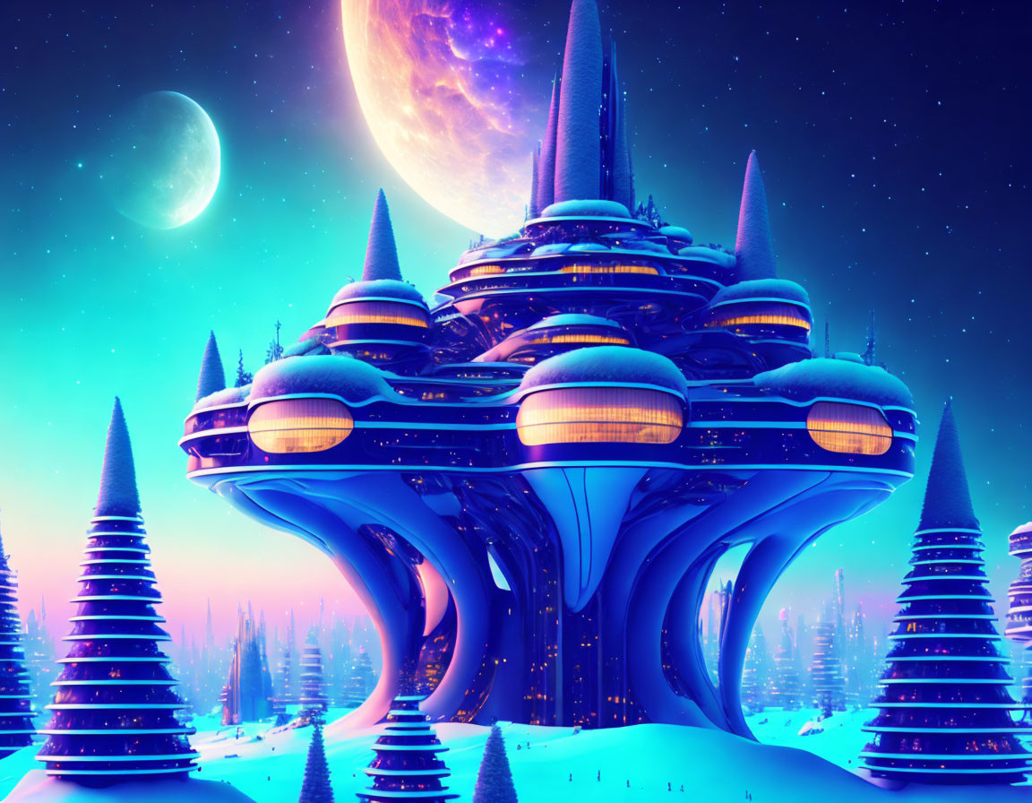 Futuristic cityscape on snow-covered planet with two moons