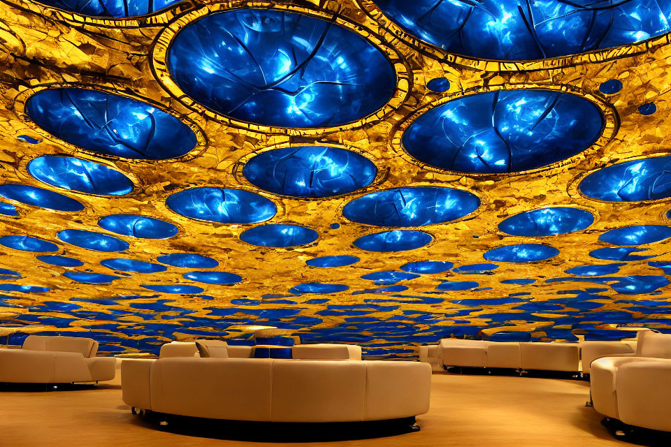 Luxurious interior with golden ceiling, blue dome-shaped decorations, white sofas, and warm lighting