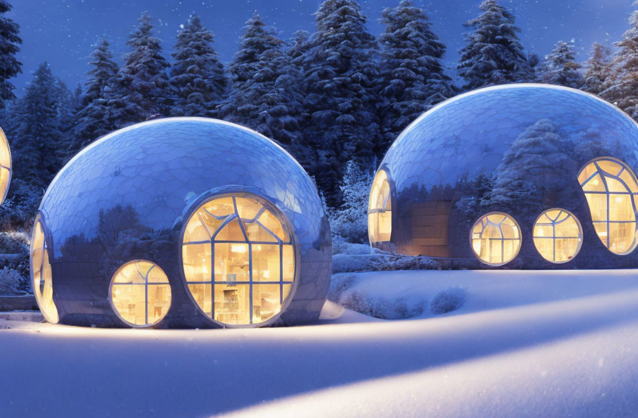 Snowy landscape with dome-shaped structures and pine trees at twilight