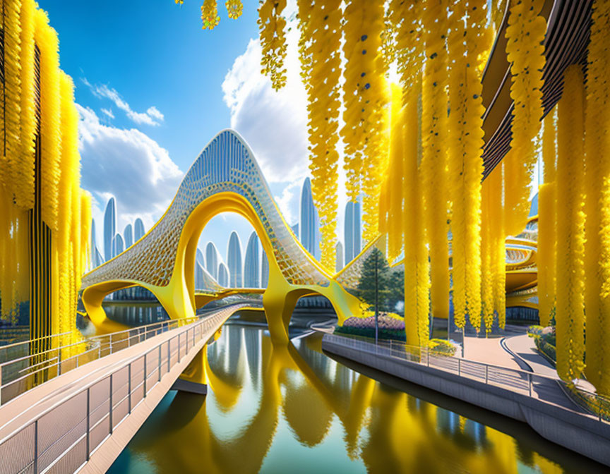 Futuristic bridge with arching loops and yellow accents over tranquil water